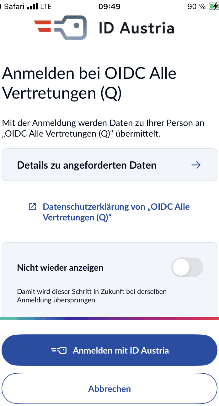 Anmeldescreen App "ID Austria"