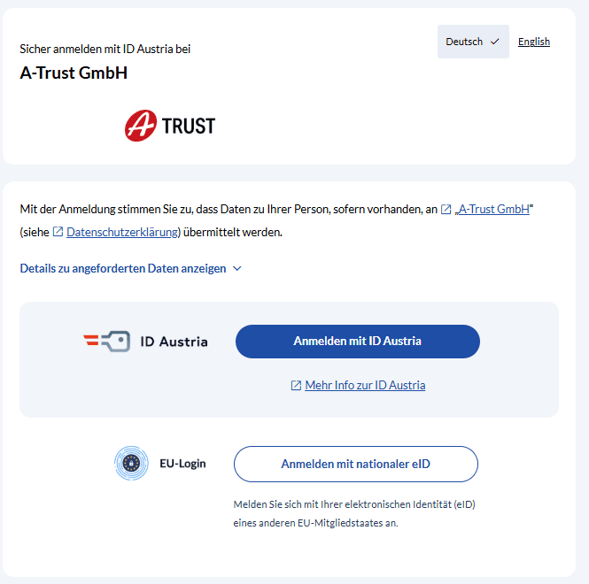 Anmeldung Testidentitäten-Manager