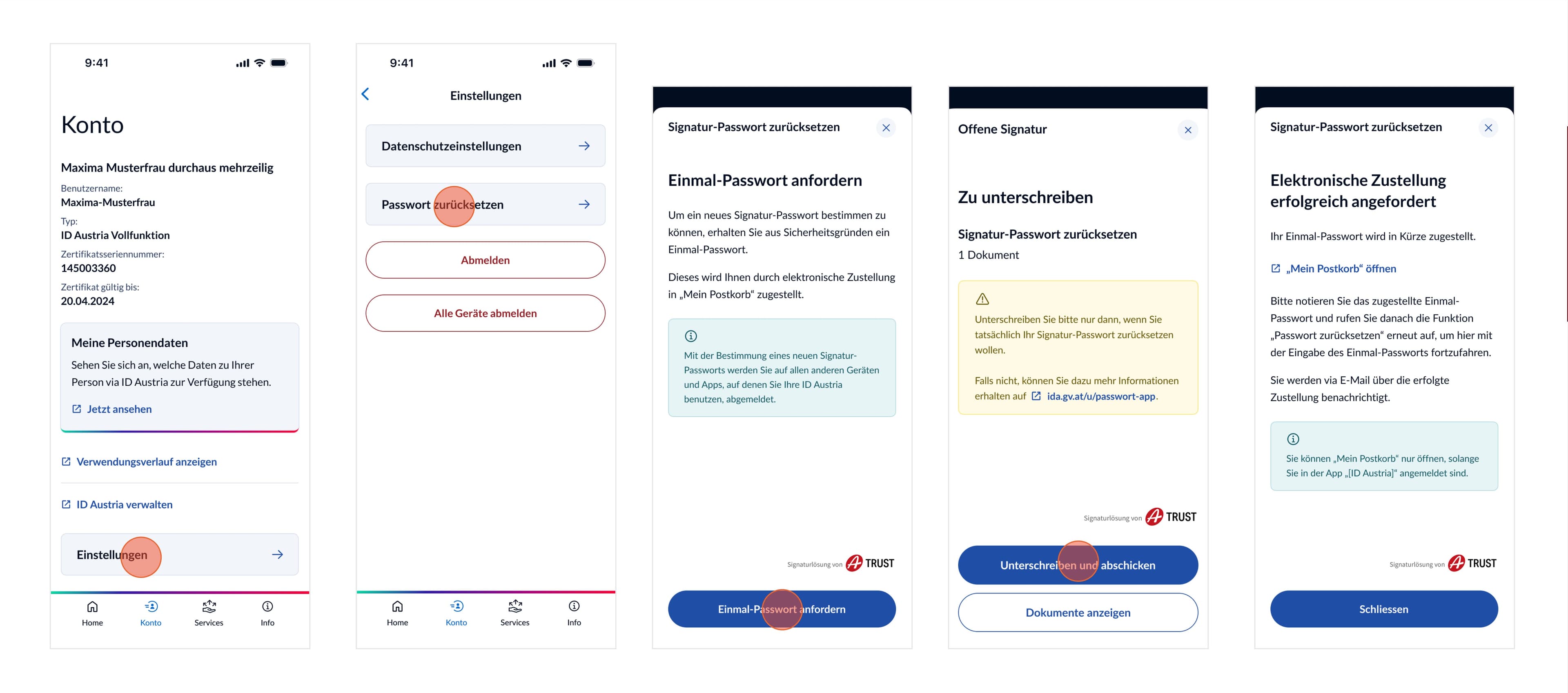 Darstellung der Bildschirme für den Funktionsablauf „Passwort zurücksetzen“ in der App – Teil 1